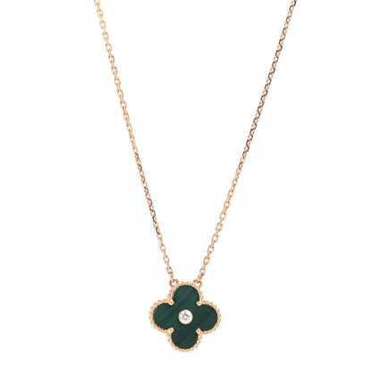 Van Cleef & Arpels 18K Yellow Gold Diamond Malachite Vintage Alhambra Pendant Necklace 1 of 7