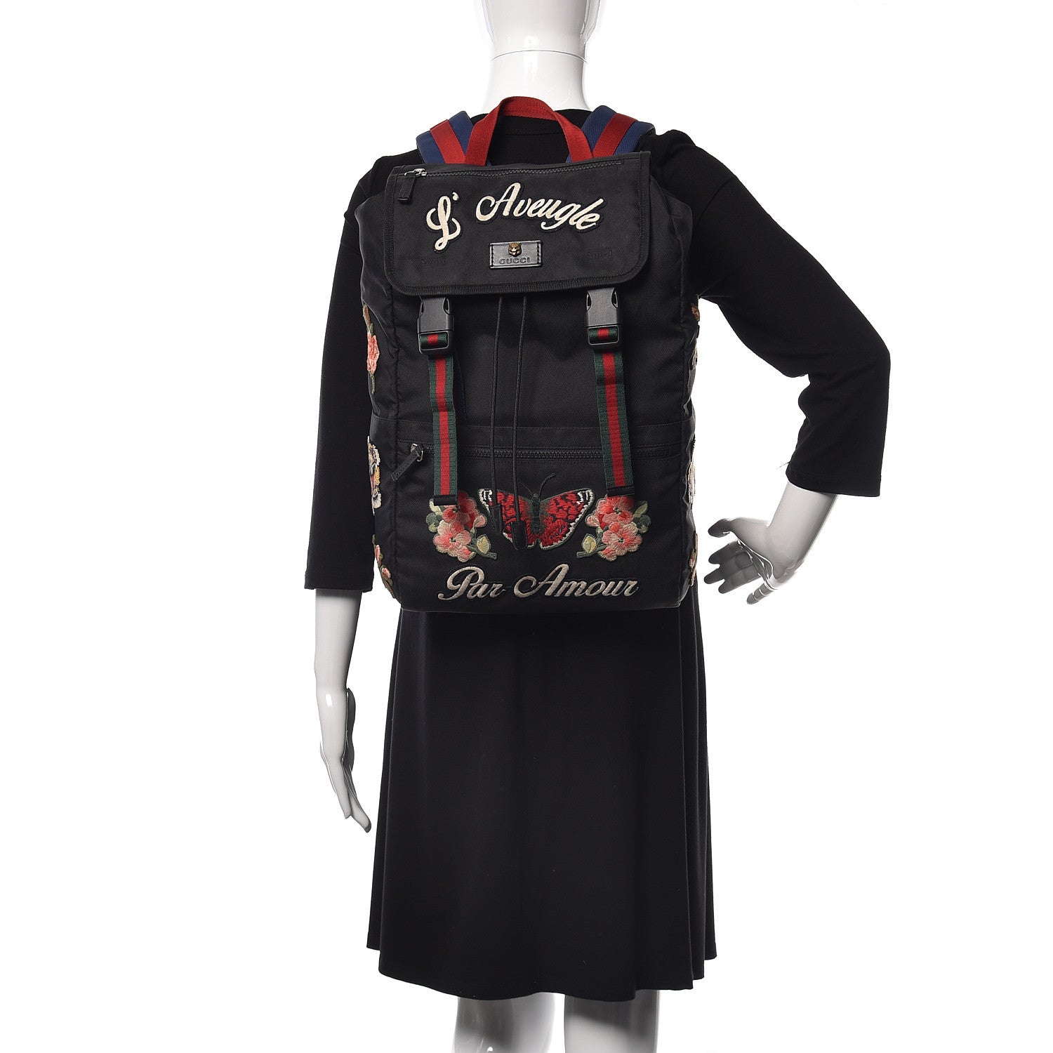 Gucci Techno Canvas Web L'Aveugle Par Amour Embroidered Drawstring Backpack Black 2 of 11