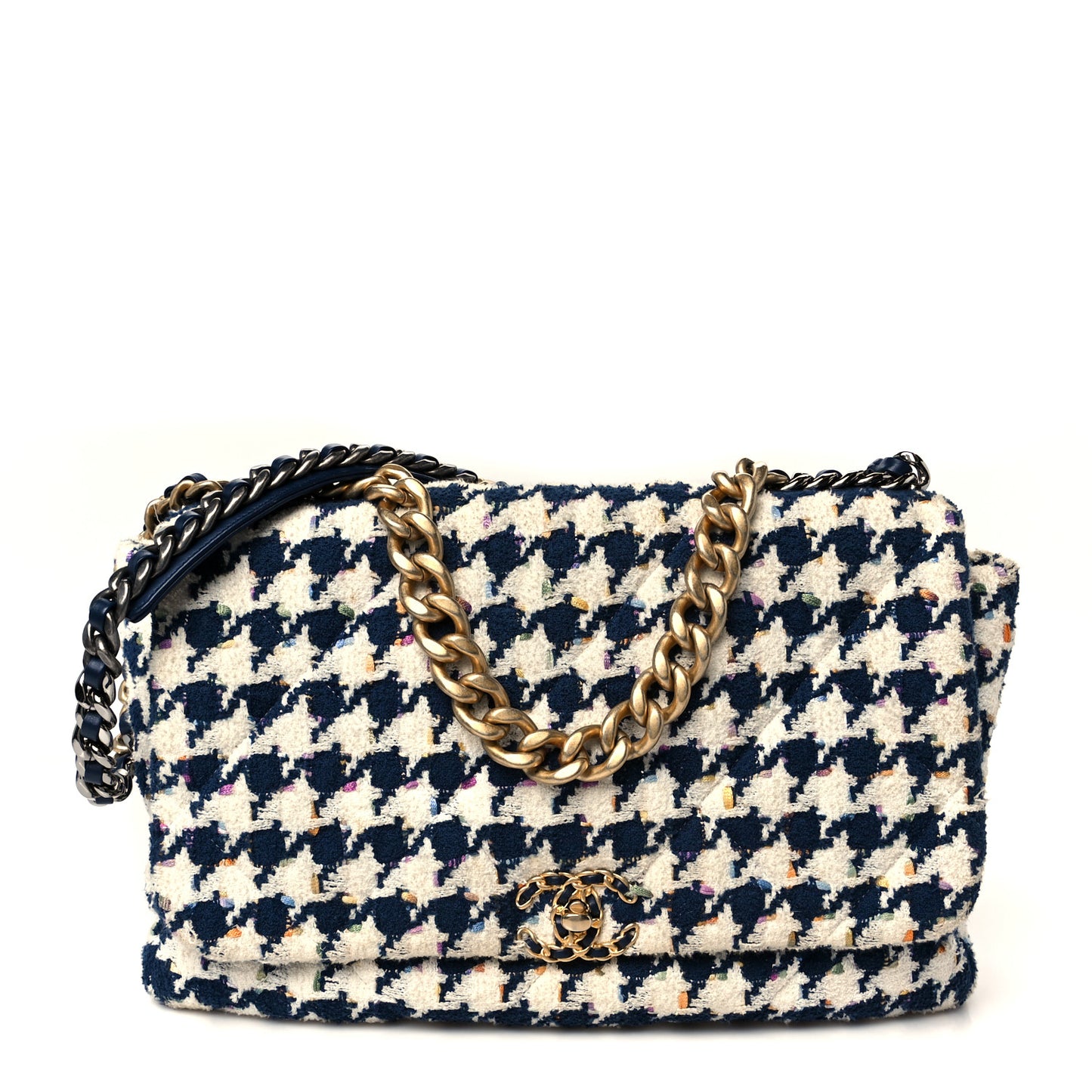 Tweed Quilted Maxi Chanel 19 Flap Ecru Navy Blue Multicolor