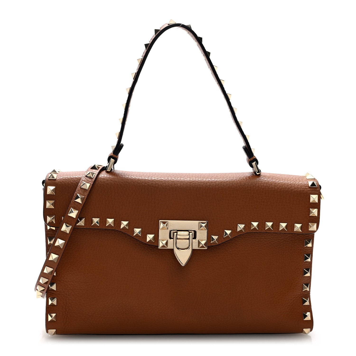 Valentino Garavani Pebbled Calfskin Rockstud Flip Lock Top Handle Bag Cognac 1 of 9
