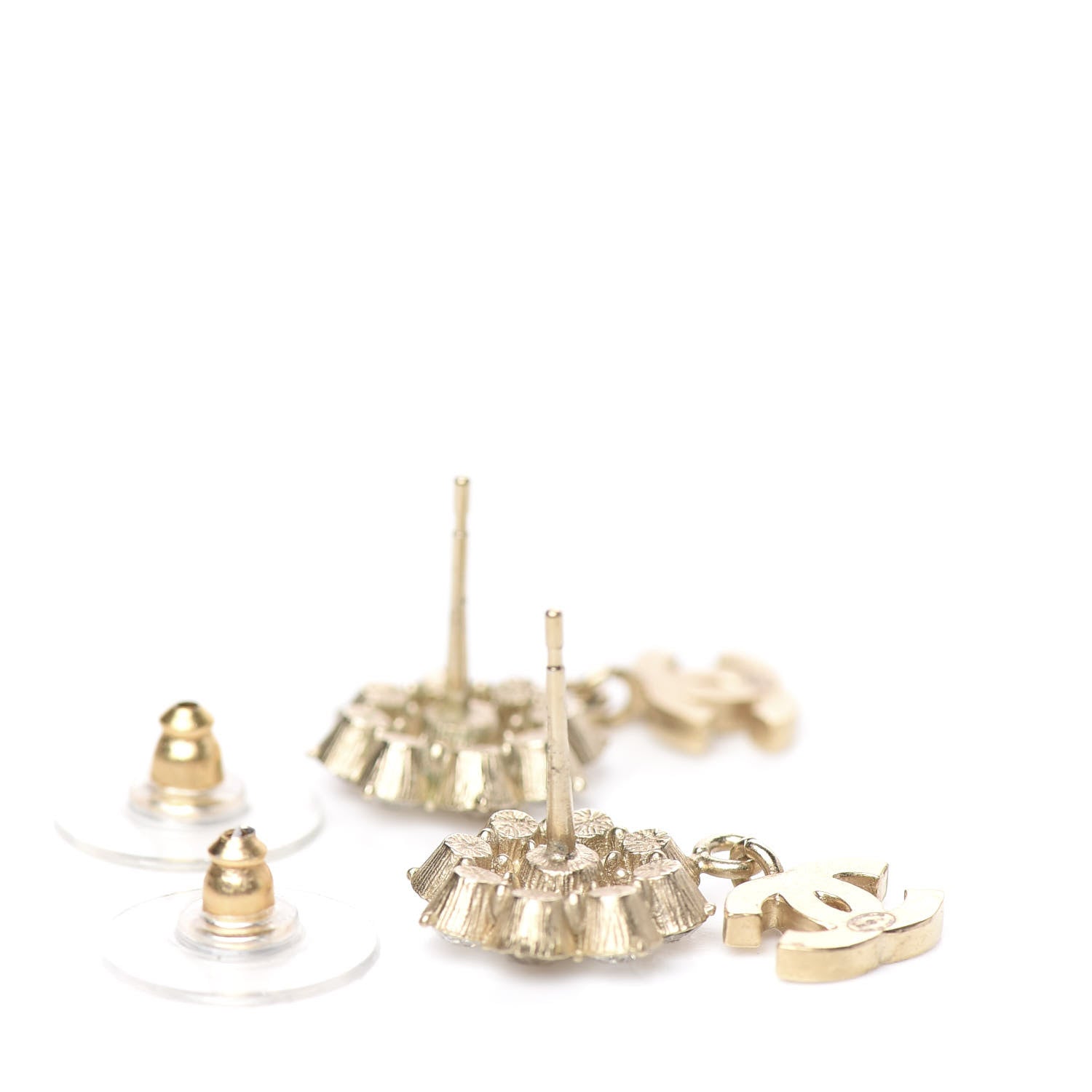 Chanel Crystal CC Flower Dangle Earrings Gold Beige 3 of 5
