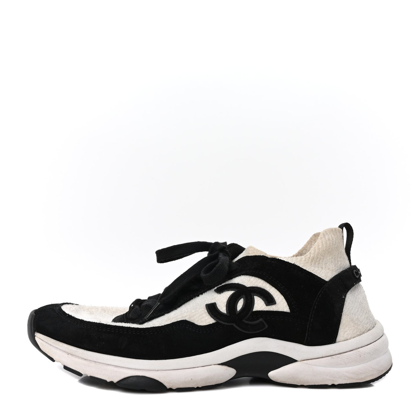 Knit Fabric Suede Calfskin Womens CC Sneakers  41 White Black