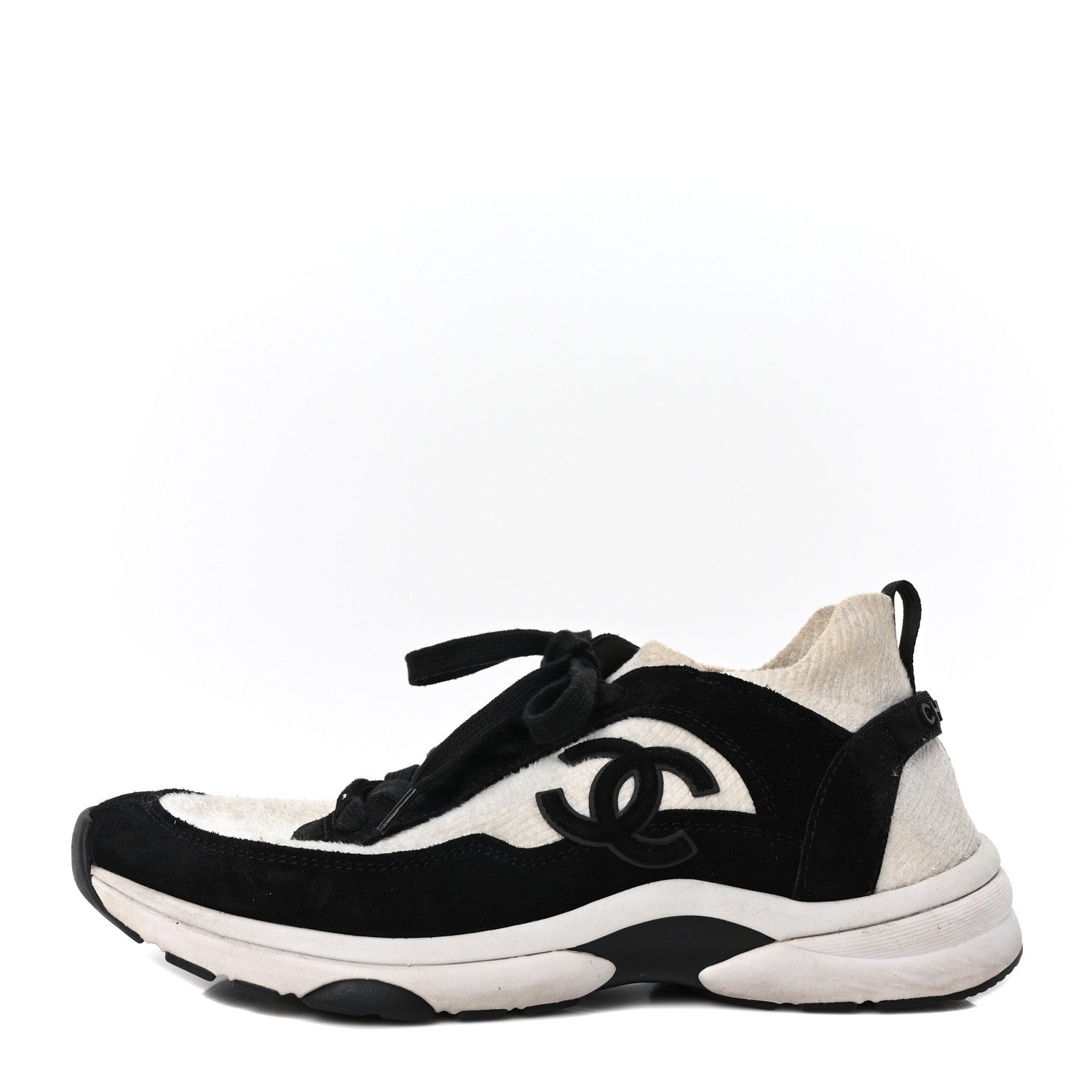 Chanel Knit Fabric Suede Calfskin Womens CC Sneakers  41 White Black 1 of 8