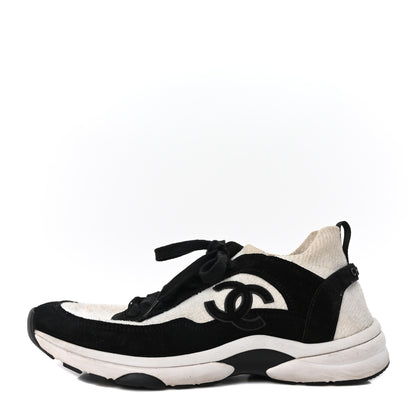 Chanel Knit Fabric Suede Calfskin Womens CC Sneakers  41 White Black 1 of 8