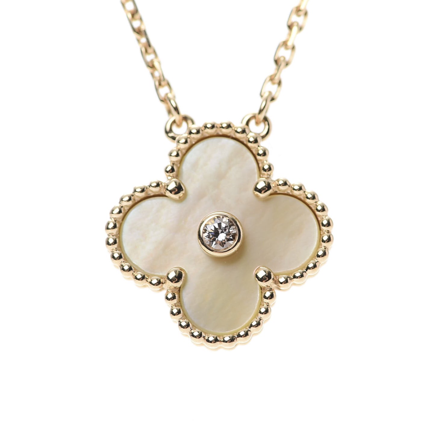 18K Yellow Gold Diamond Yellow Mother of Pearl Vintage Alhambra Pendant Necklace