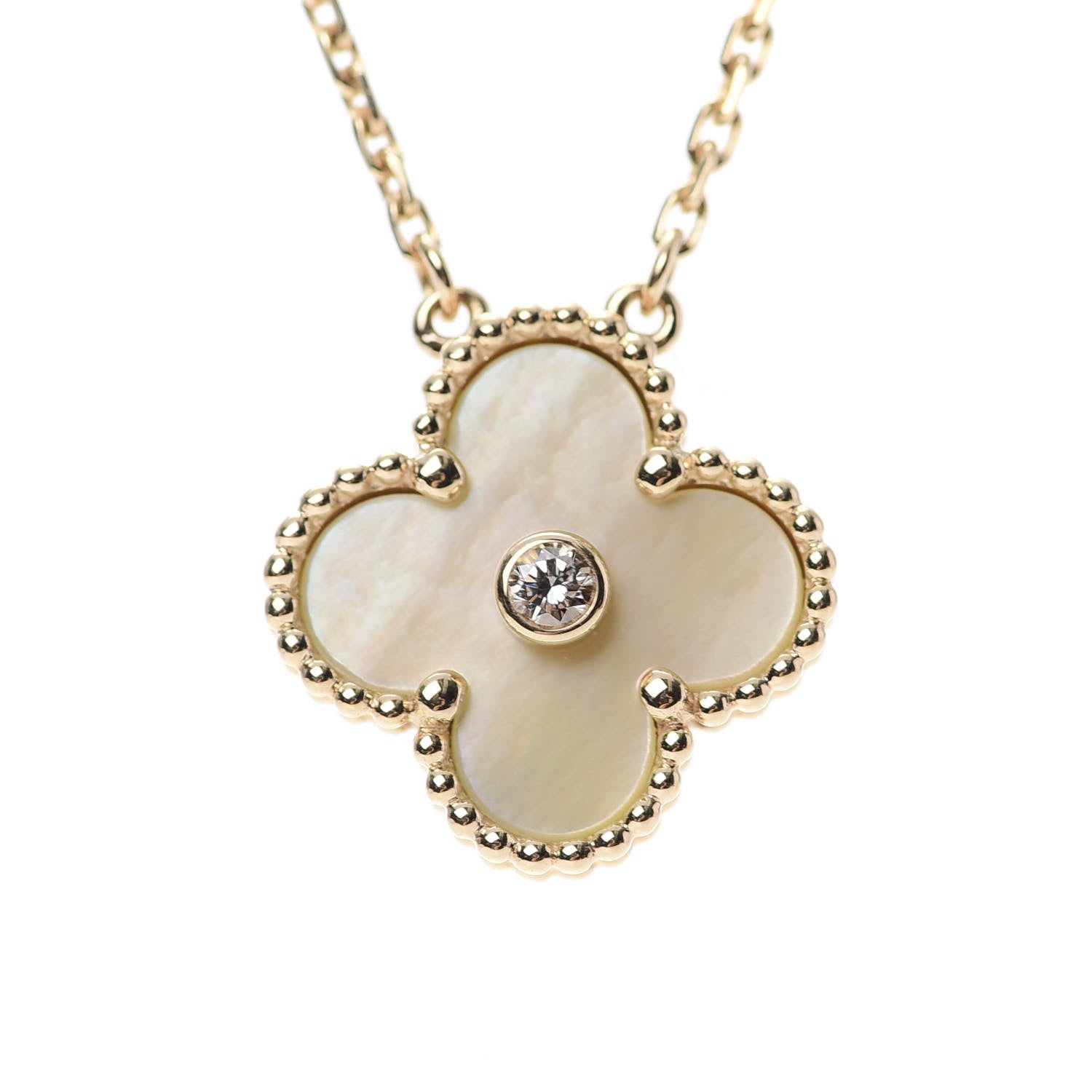 Van Cleef & Arpels 18K Yellow Gold Diamond Yellow Mother of Pearl Vintage Alhambra Pendant Necklace 4 of 7