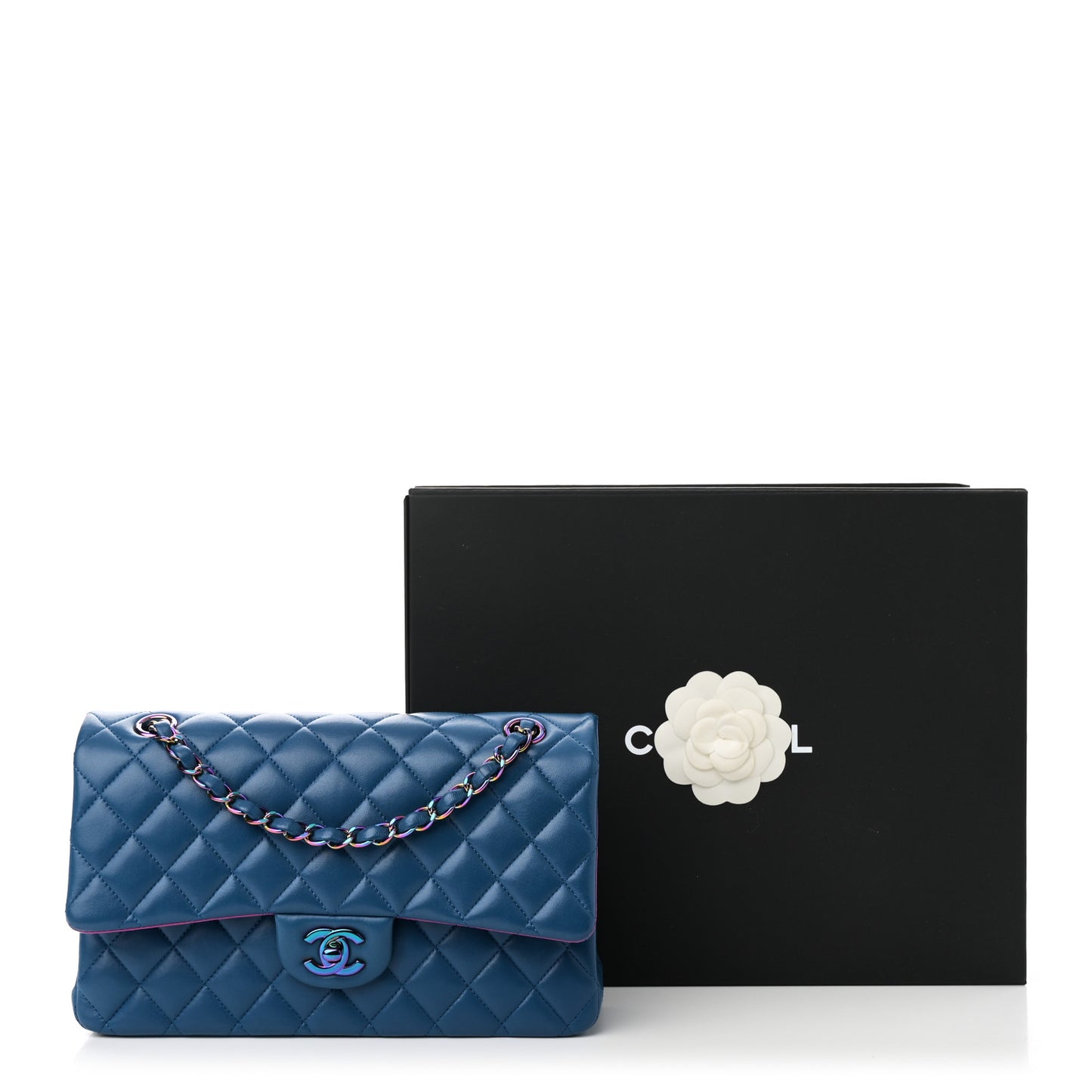 Lambskin Quilted Medium Double Flap Blue Pink