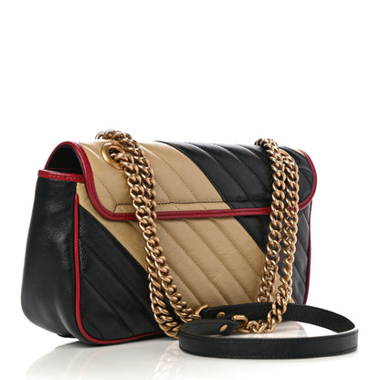 Gucci Vintage Effect Calfskin Matelasse Diagonal Striped Small Torchon GG Marmont Shoulder Bag Black Beige 3 of 11