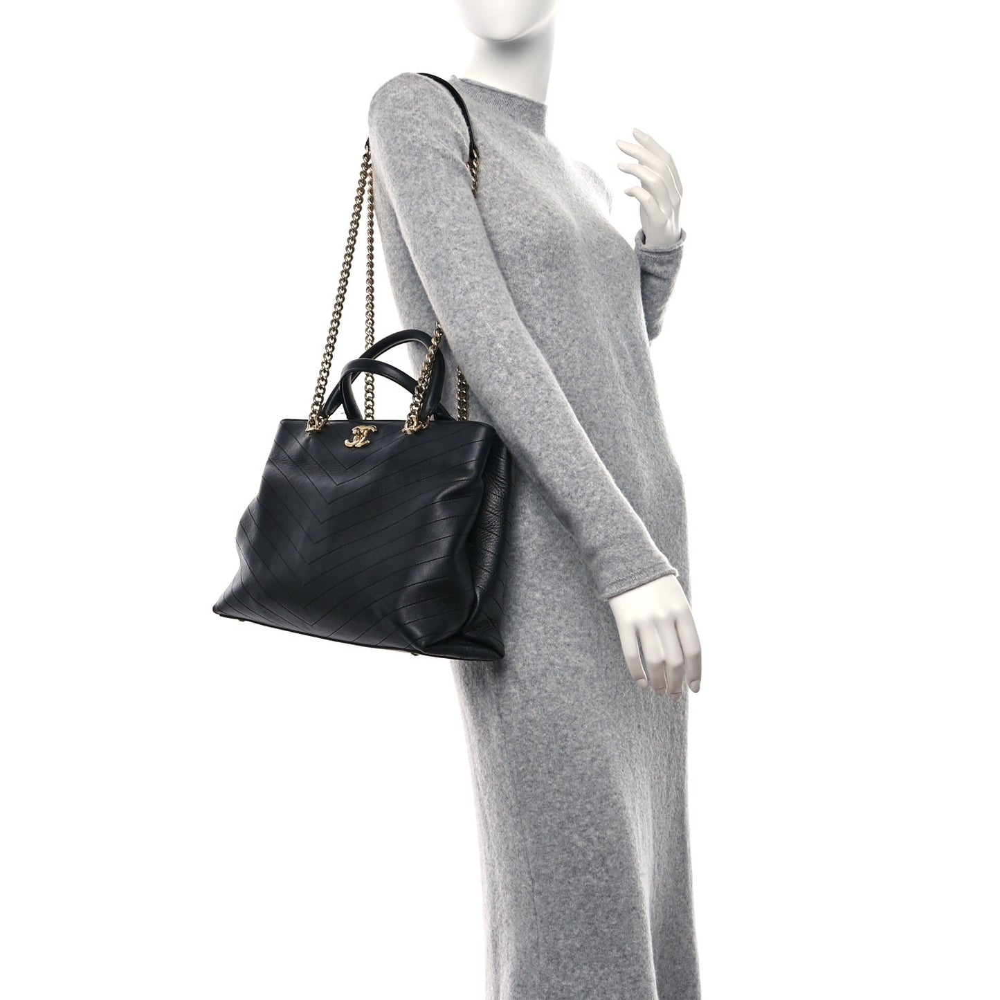 Calfskin Chevron Quilted Large Shopping Tote Black