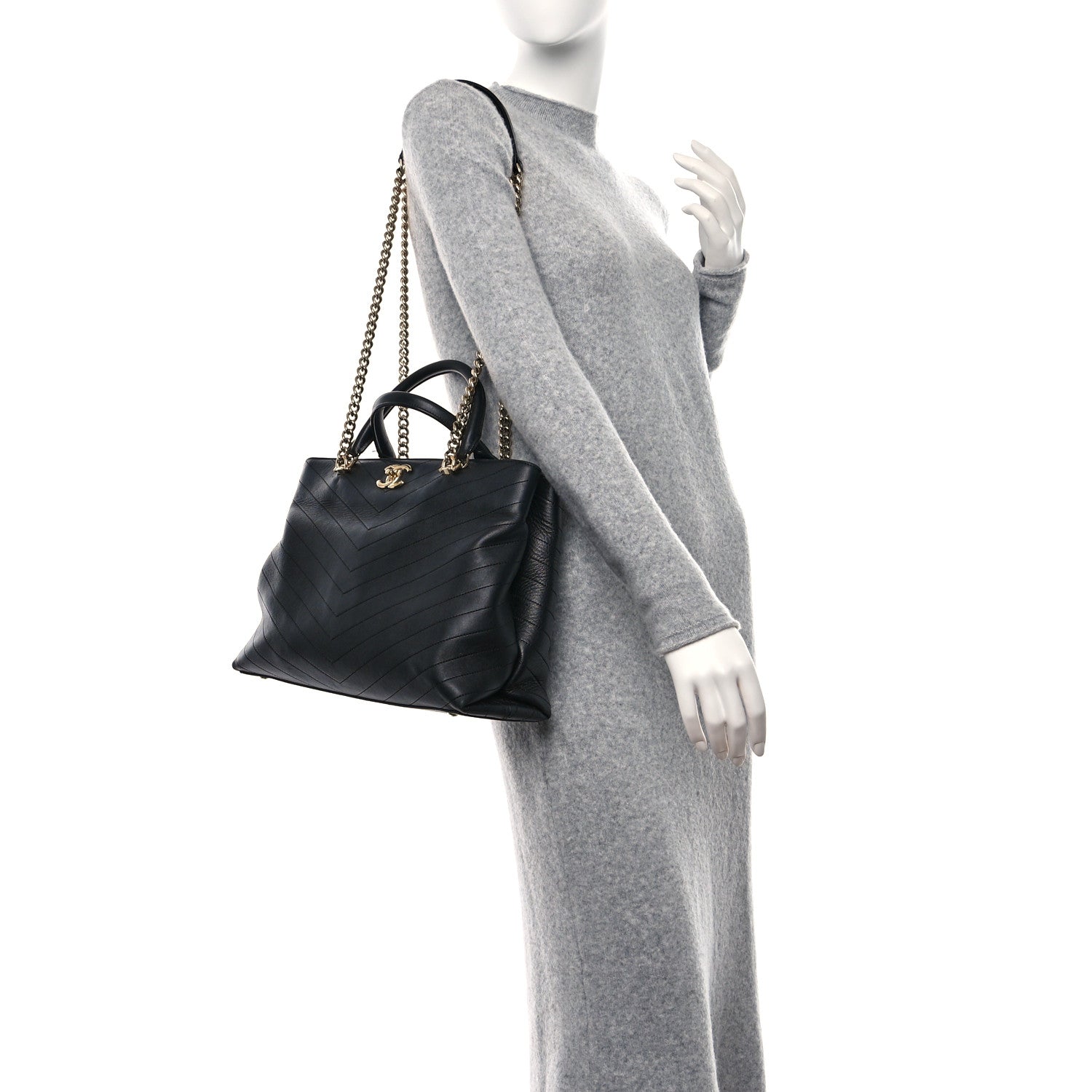 Chanel Calfskin Chevron Quilted Large Shopping Tote Black 2 of 15