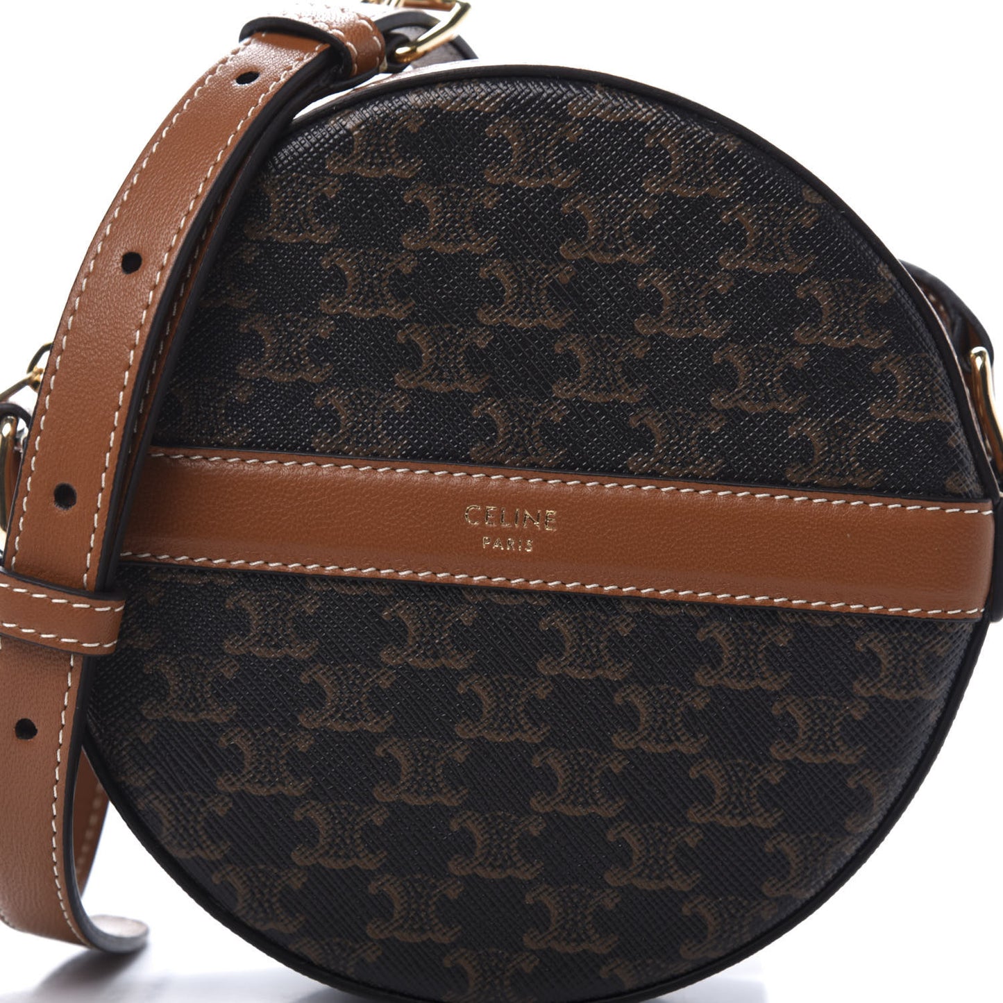 Lambskin Triomphe Canvas Round Purse On Strap Black Tan