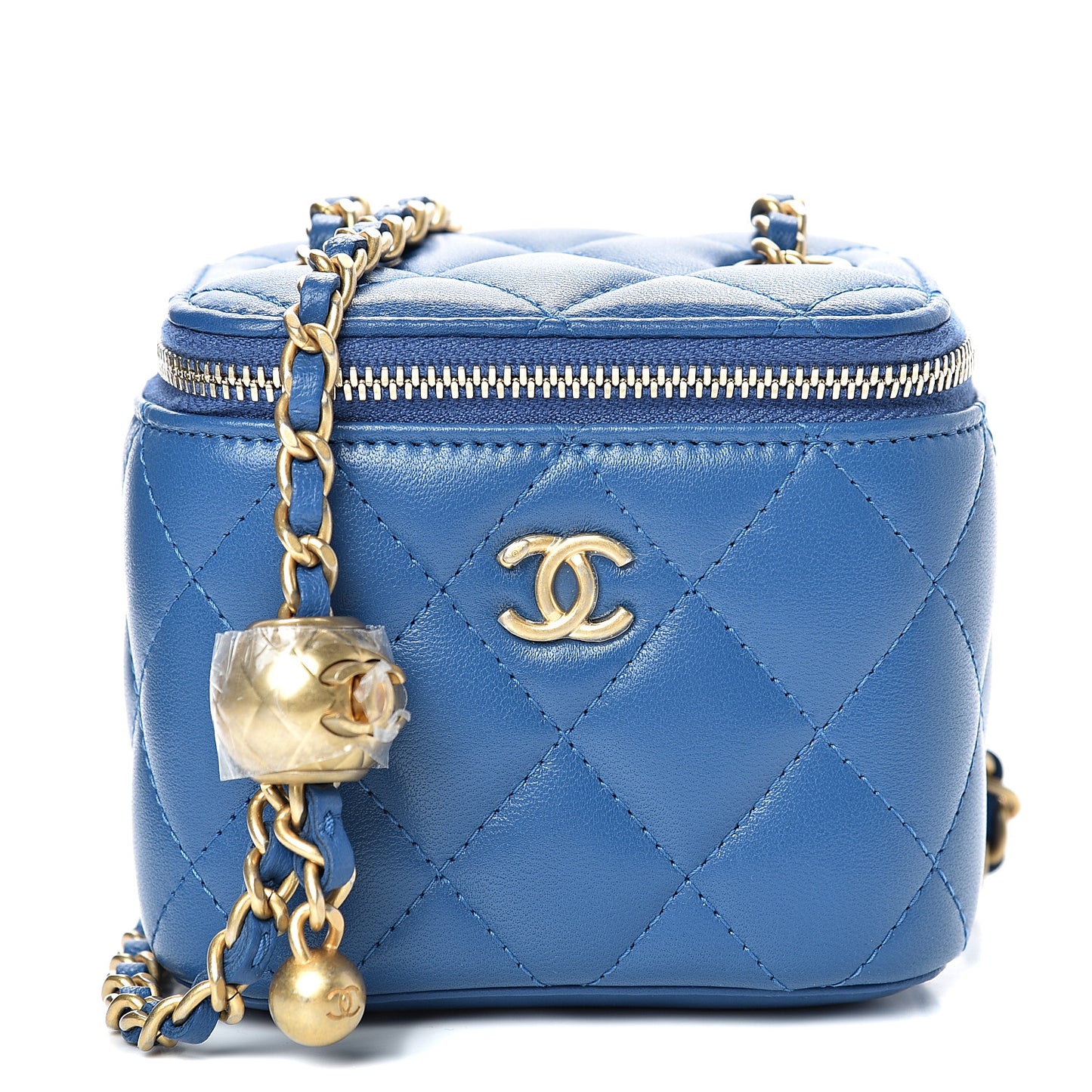 Lambskin Quilted Pearl Crush Mini Vanity Case With Chain Blue