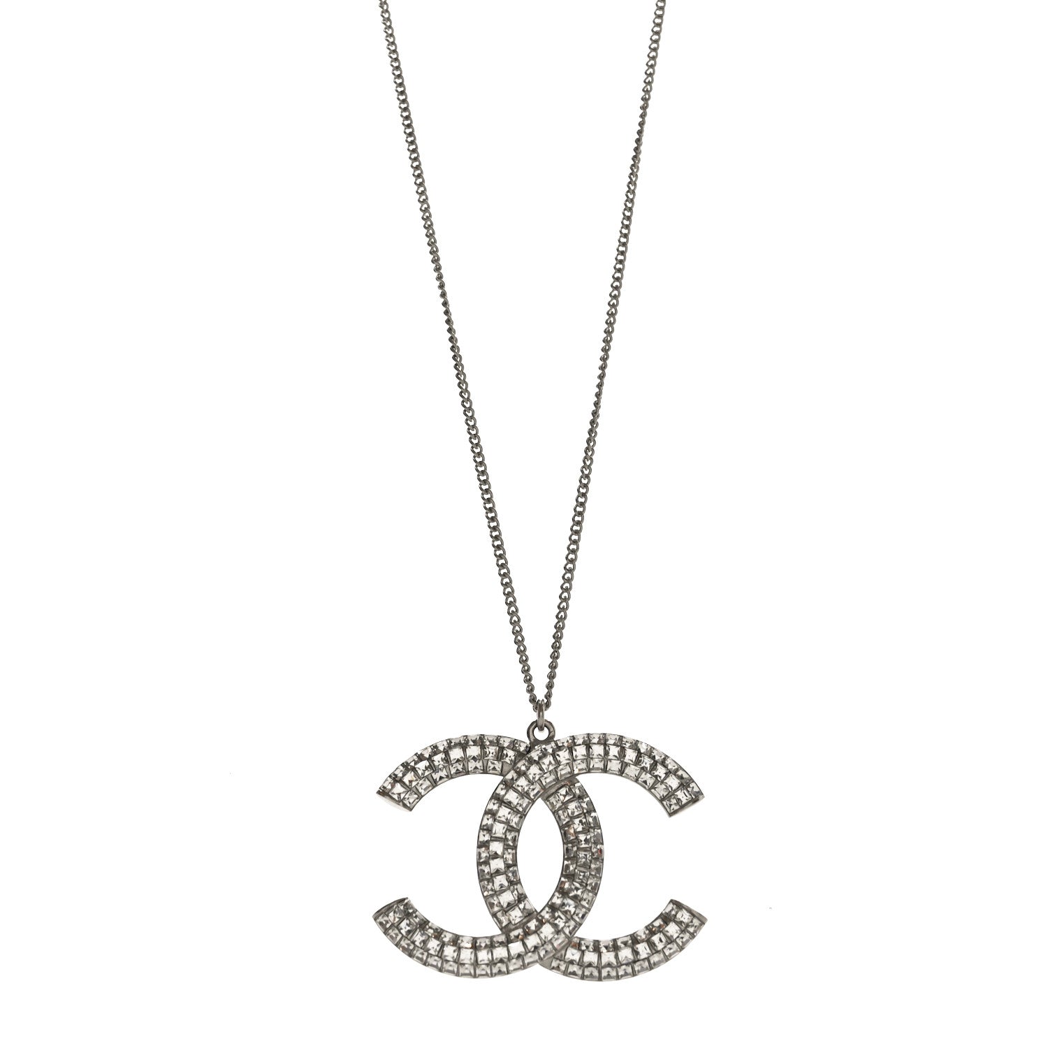 Chanel Baguette Crystal Large CC Pendant Necklace Silver 1 of 4