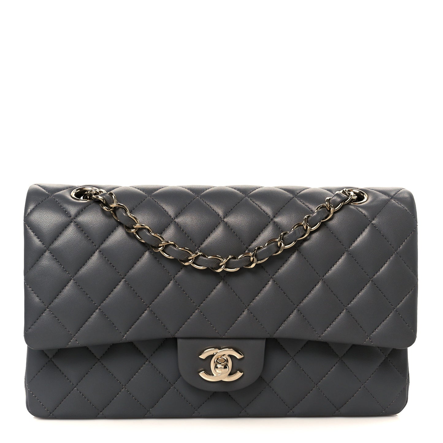 Lambskin Quilted Medium Double Flap Dark Grey