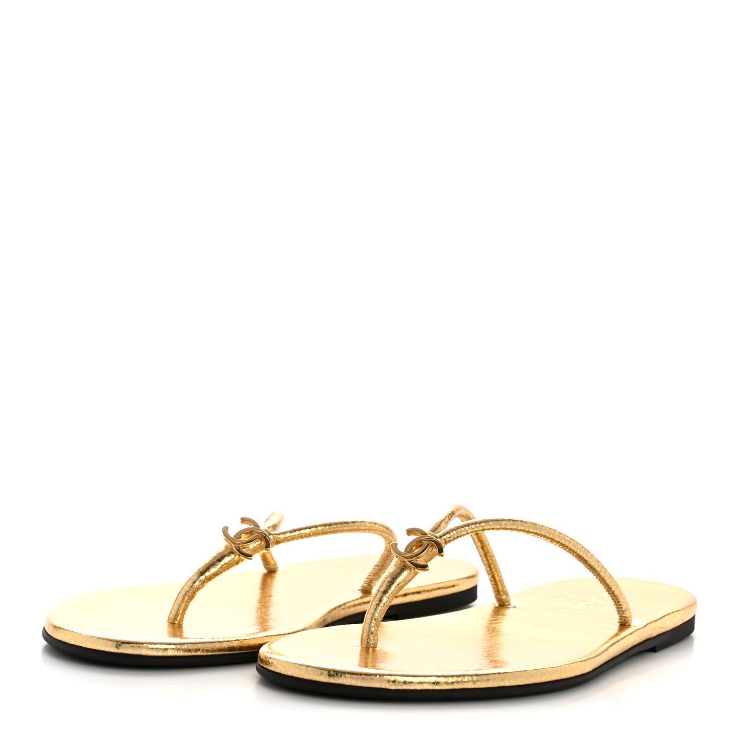 Crackled Laminated Calfskin Thong Flat Sandals 38.5 Gold