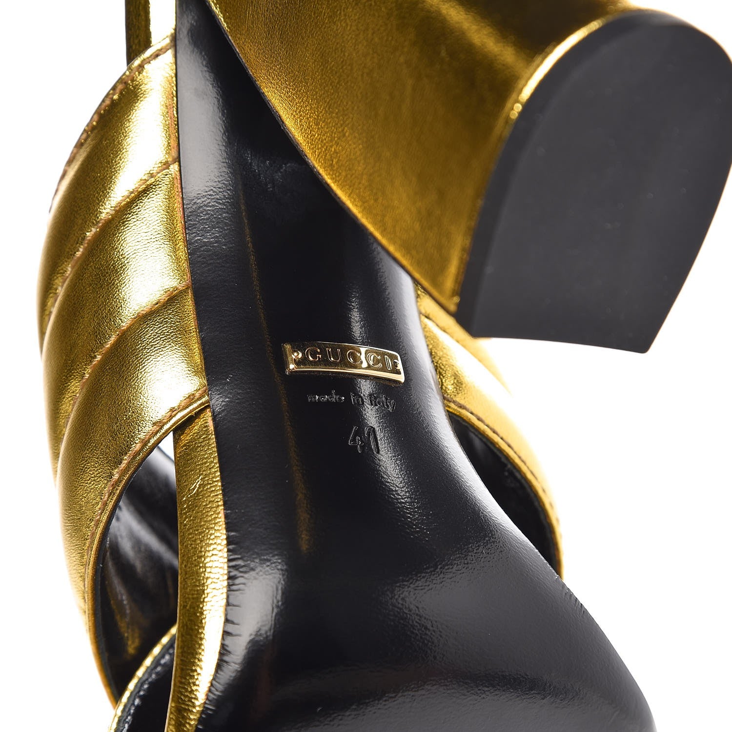 Gucci Metallic Nappa Webby Crossover High Heel Slide Sandals 41 Oro Vecchio 7 of 10