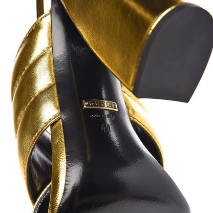 Gucci Metallic Nappa Webby Crossover High Heel Slide Sandals 41 Oro Vecchio 7 of 10