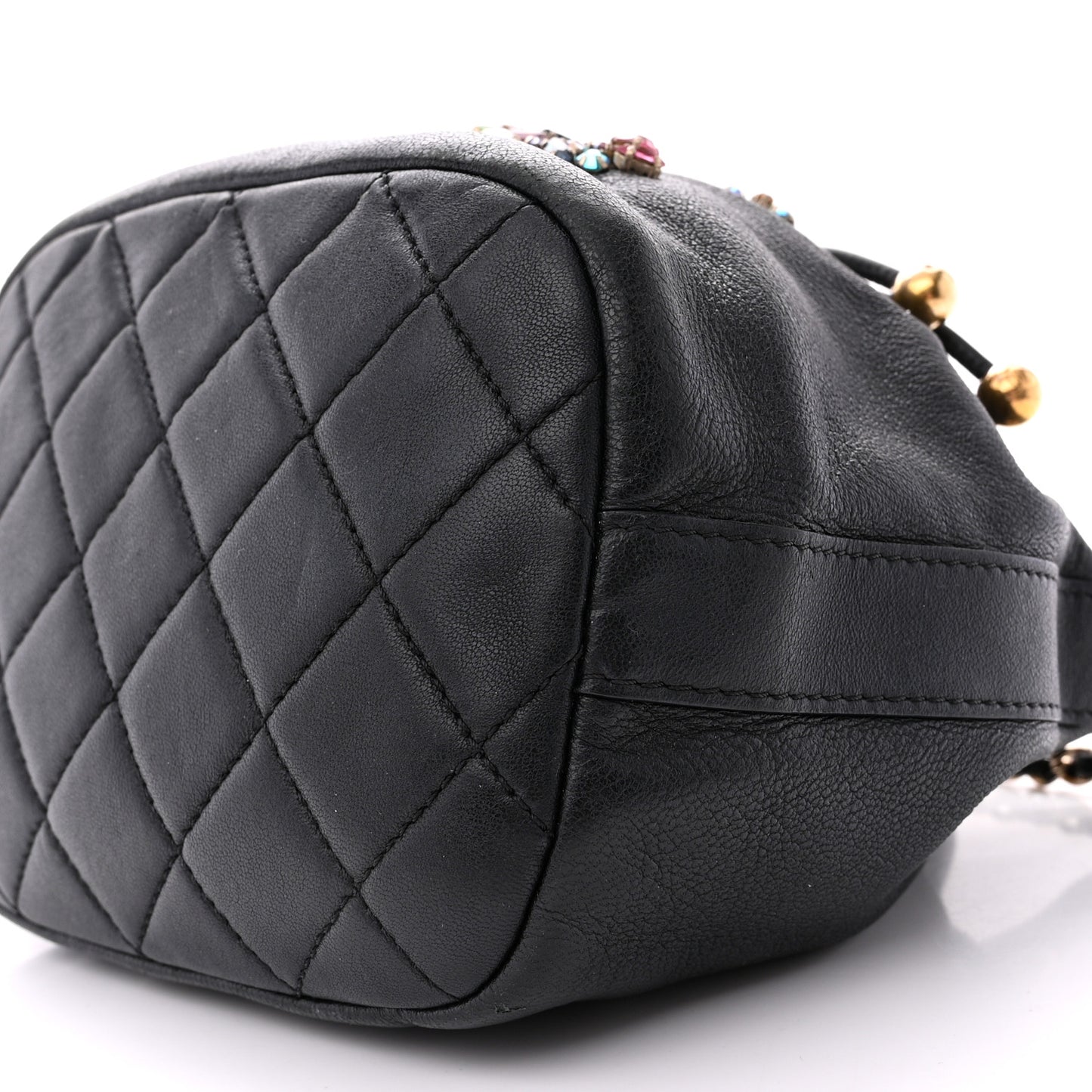 Lambskin Calfskin Quilted Mini Strass Mania Drawstring Bucket Bag Black
