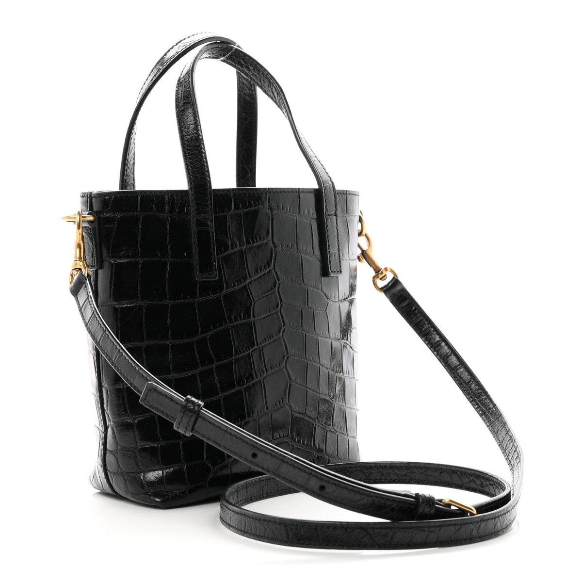 Calfskin Crocodile Embossed Paris Mini Toy Shopper Tote Black