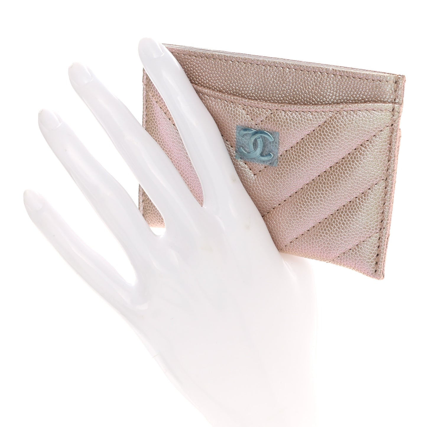 Metallic Caviar Chevron Quilted Card Holder Light Gold