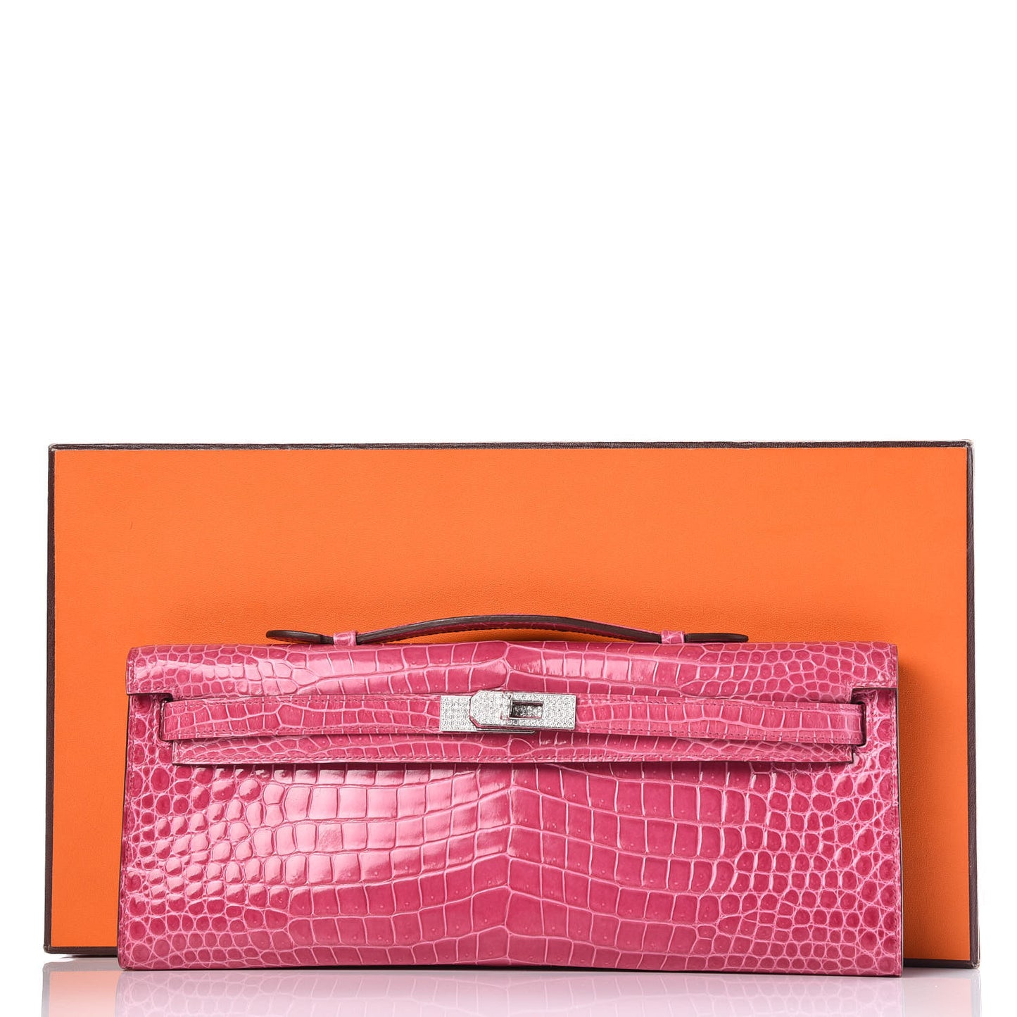Shiny Porosus Crocodile 18K White Gold Diamond Kelly Cut Pochette Rose Tyrien