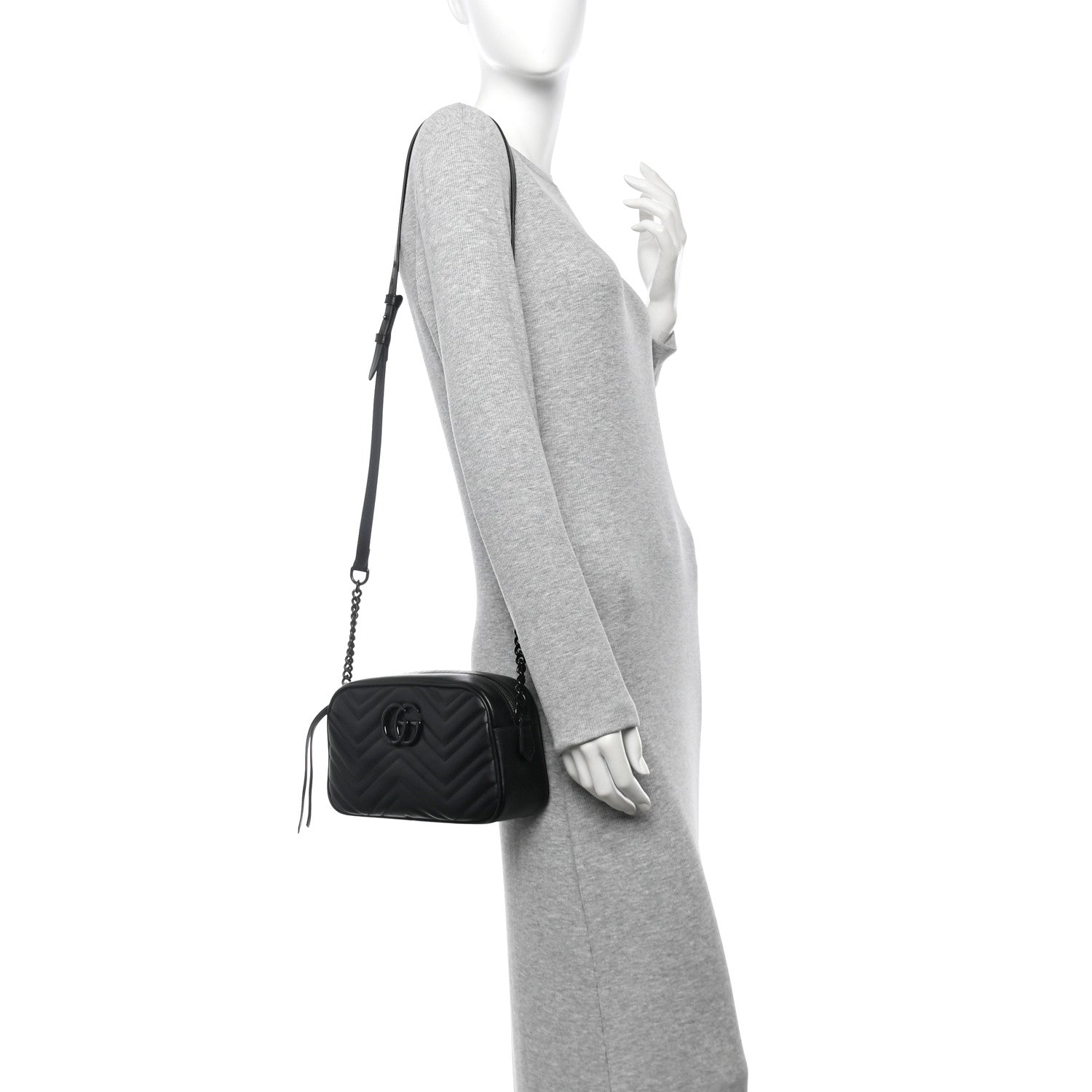 Gucci Calfskin Matelasse Monochrome Small GG Marmont Chain Shoulder Bag Black 2 of 10
