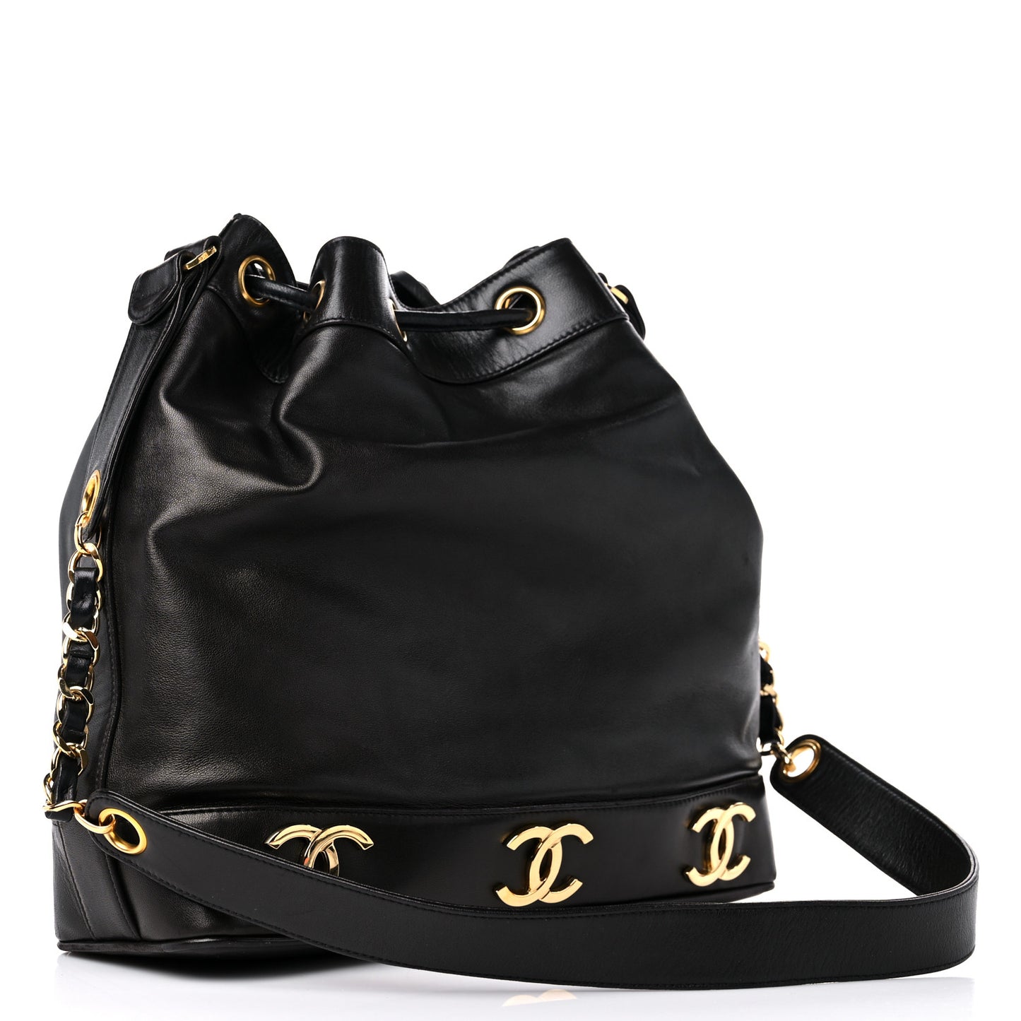 Lambskin CC Drawstring Shoulder Bag Black