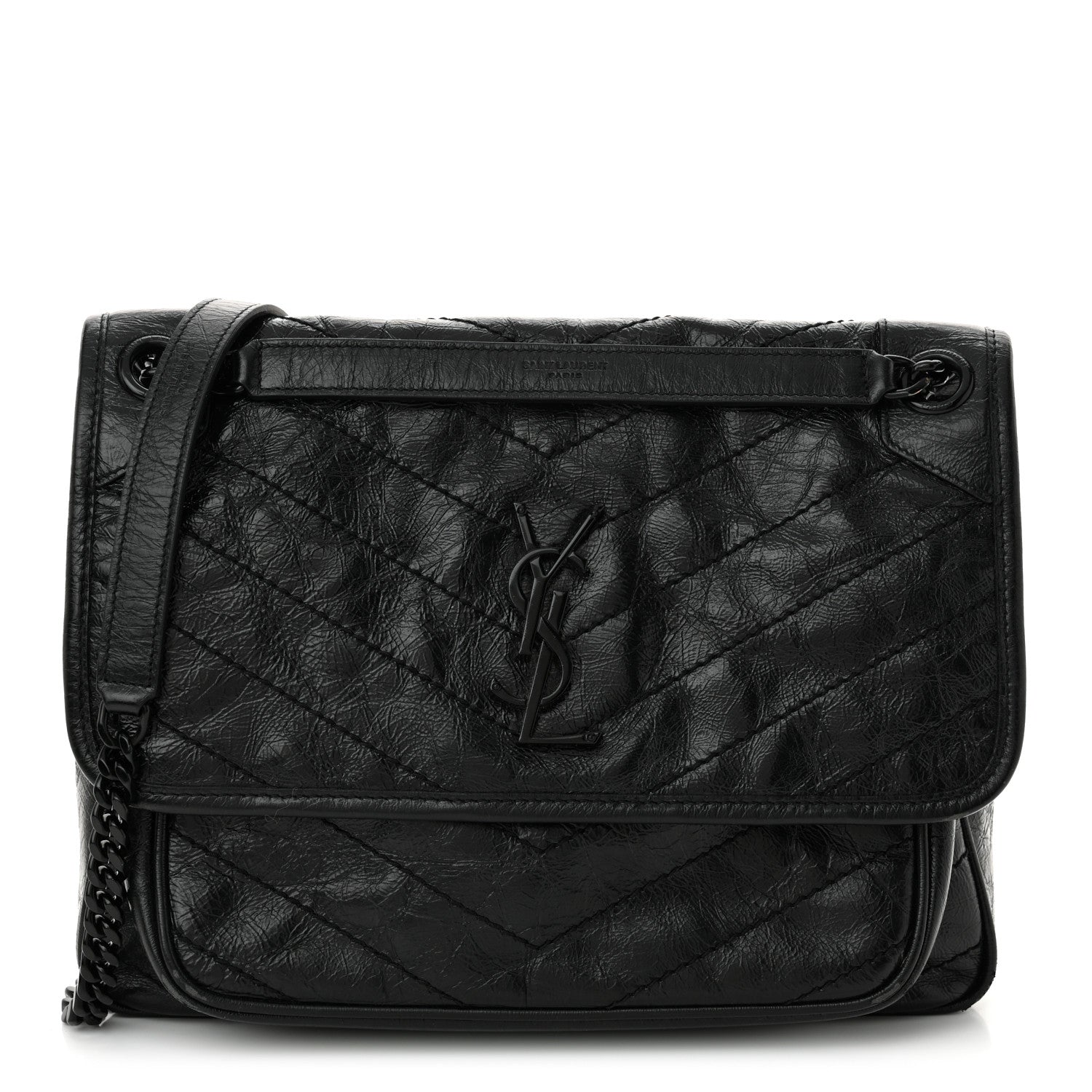 Saint Laurent Crinkled Calfskin Matelasse Monogram Medium Niki Chain Satchel Black 1 of 10