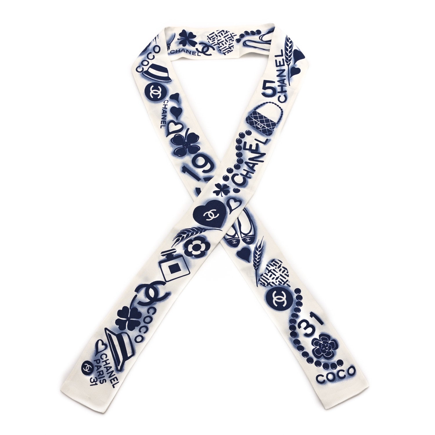 Chanel Silk CC Slim Bandeau Scarf White Blue 1 of 3