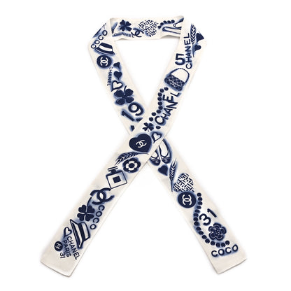 Chanel Silk CC Slim Bandeau Scarf White Blue 1 of 3