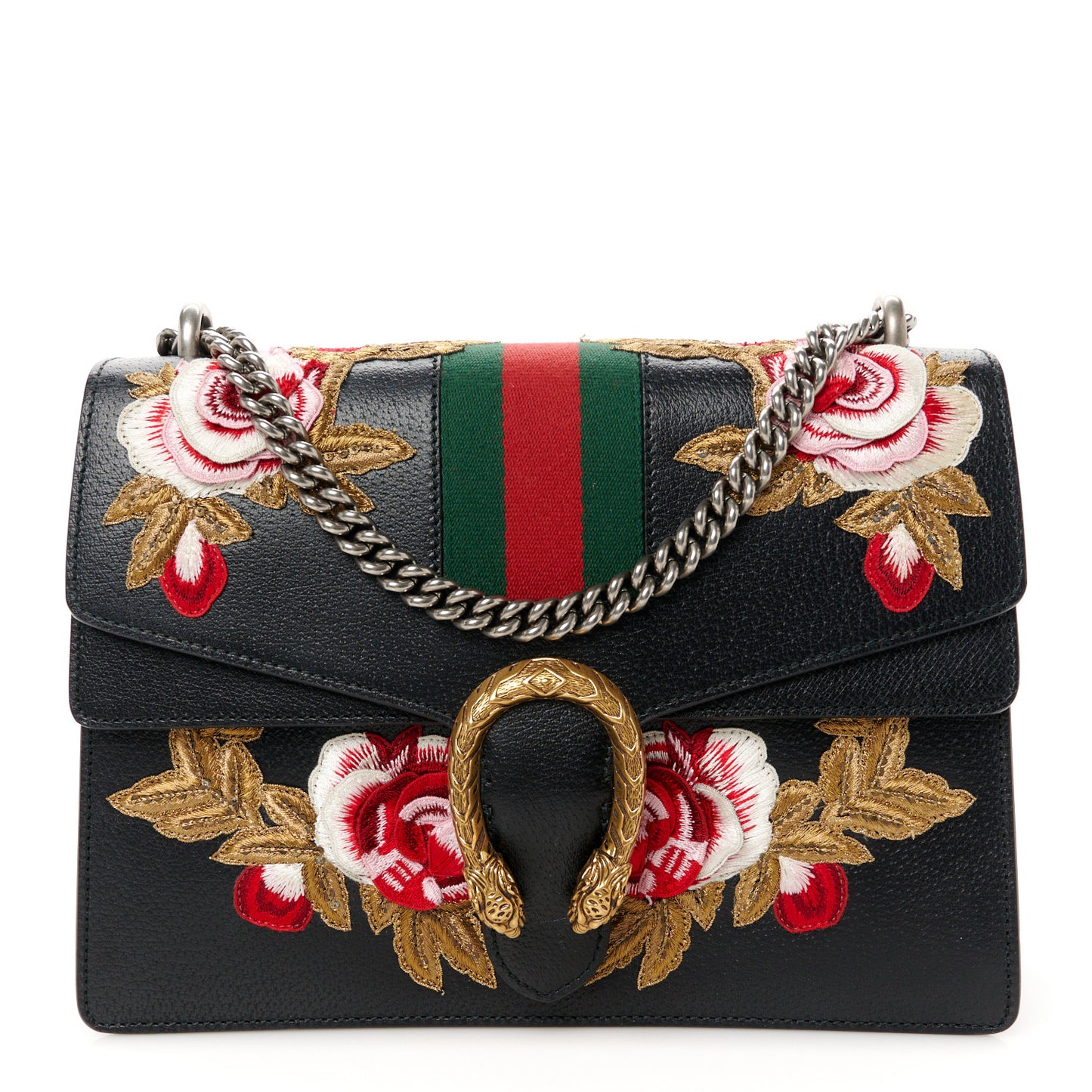 Calfskin Web Floral Embroidered Medium Dionysus Shoulder Bag Black