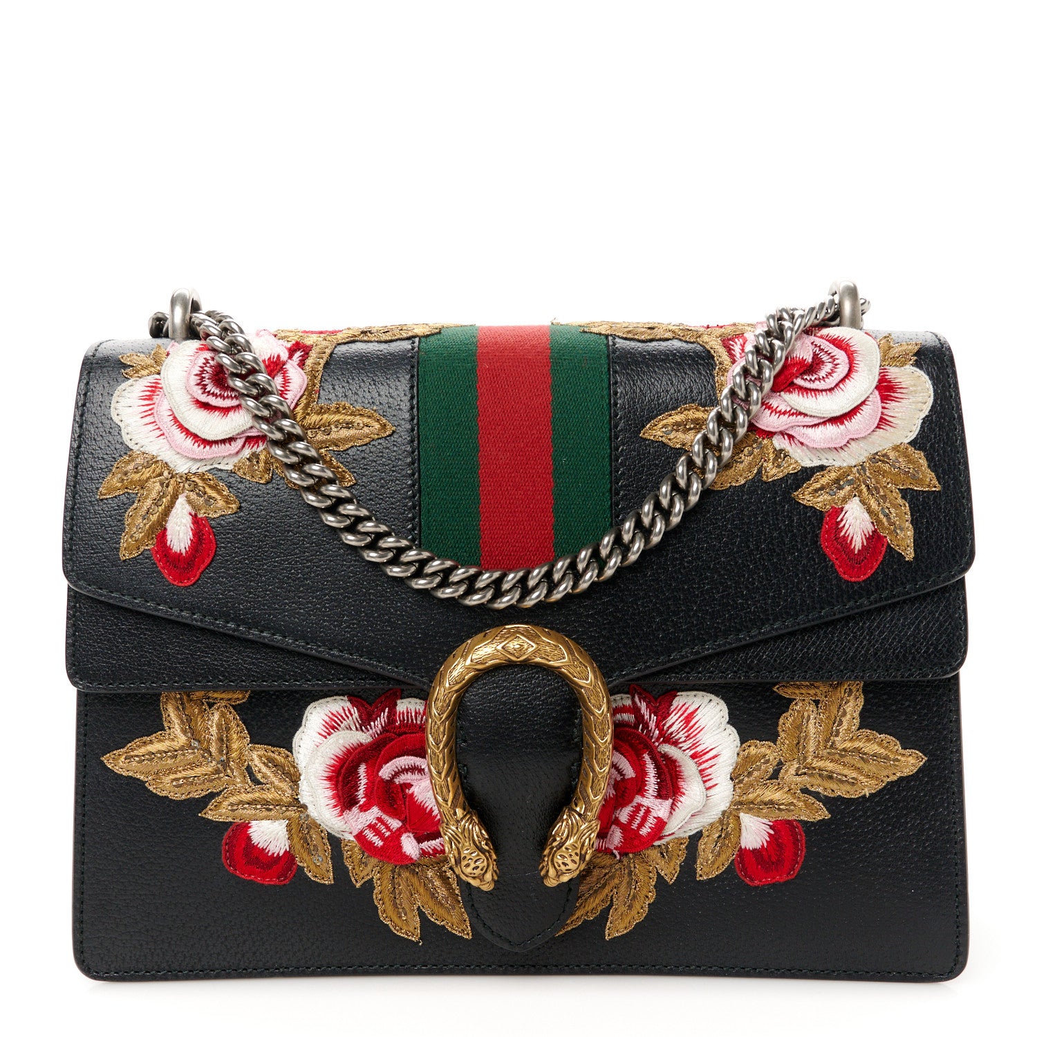Gucci Calfskin Web Floral Embroidered Medium Dionysus Shoulder Bag Black 1 of 12