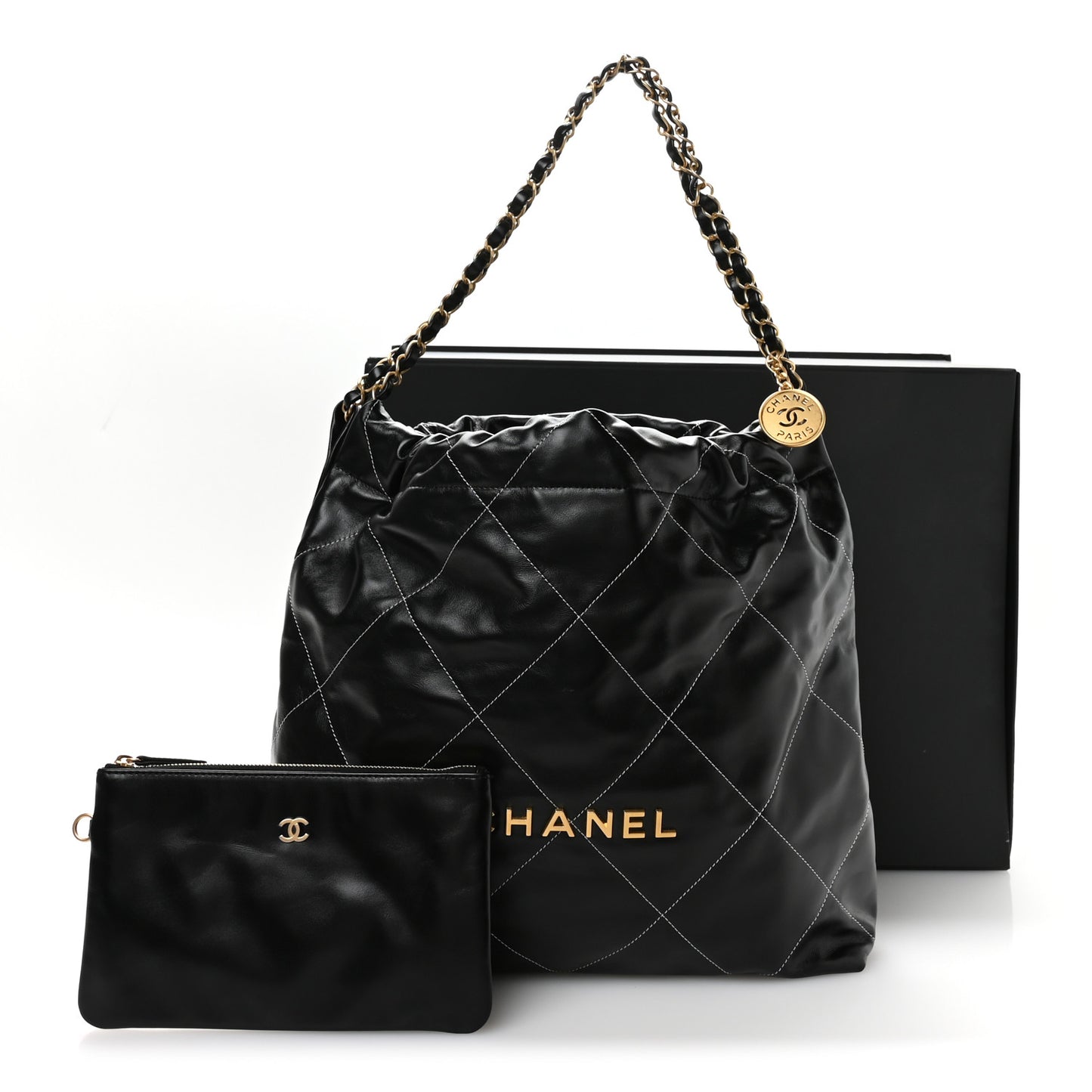 Shiny Calfskin Stitched Chanel 22 Black White
