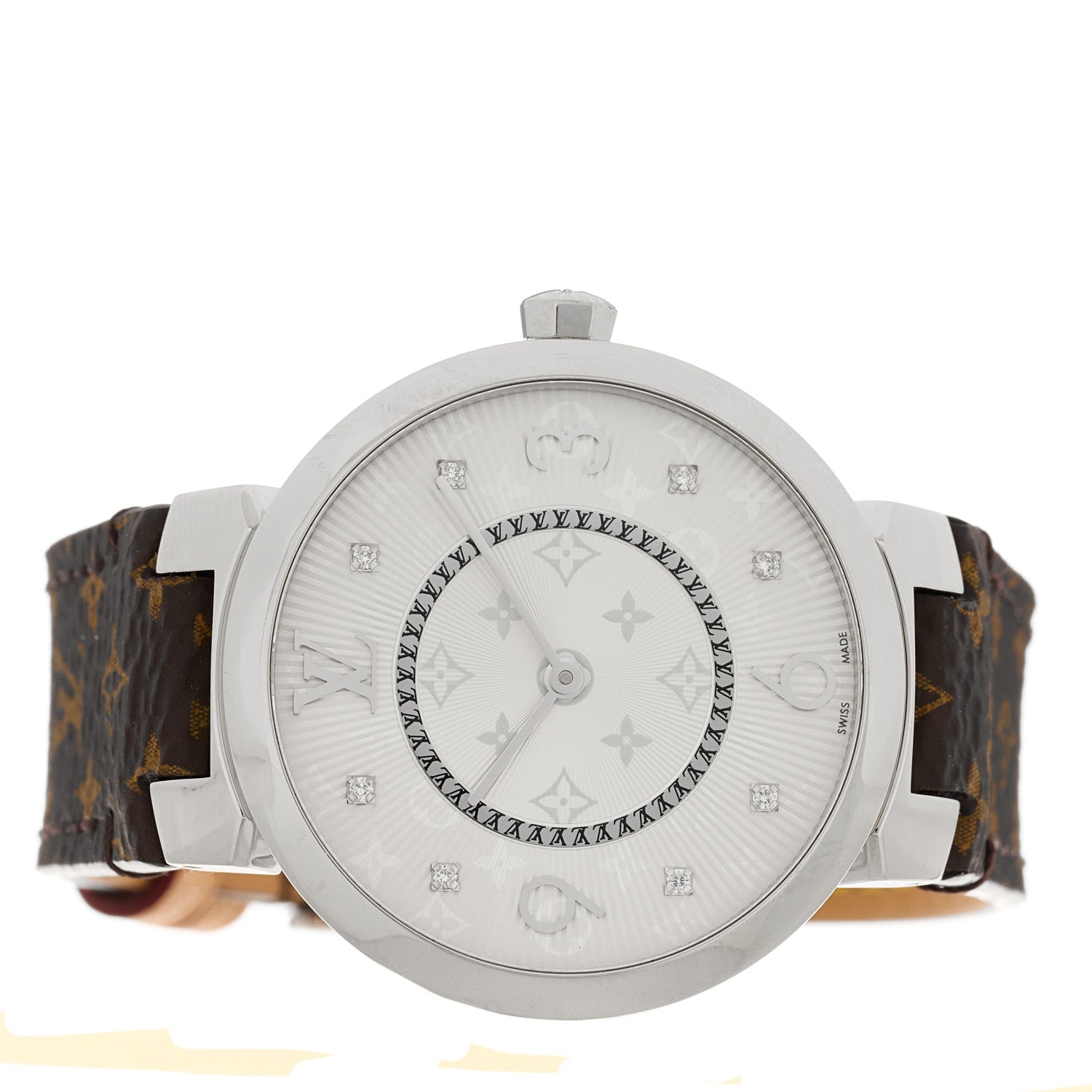 Louis Vuitton Stainless Steel Monogram Diamond 33mm Tambour Slim Quartz Watch 2 of 5