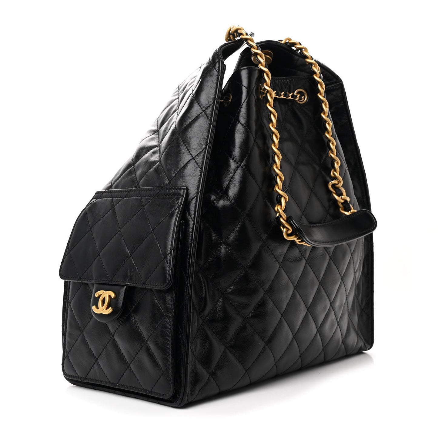 Shiny Crumpled Calfskin Quilted Medium Chanel 25 Handbag Black