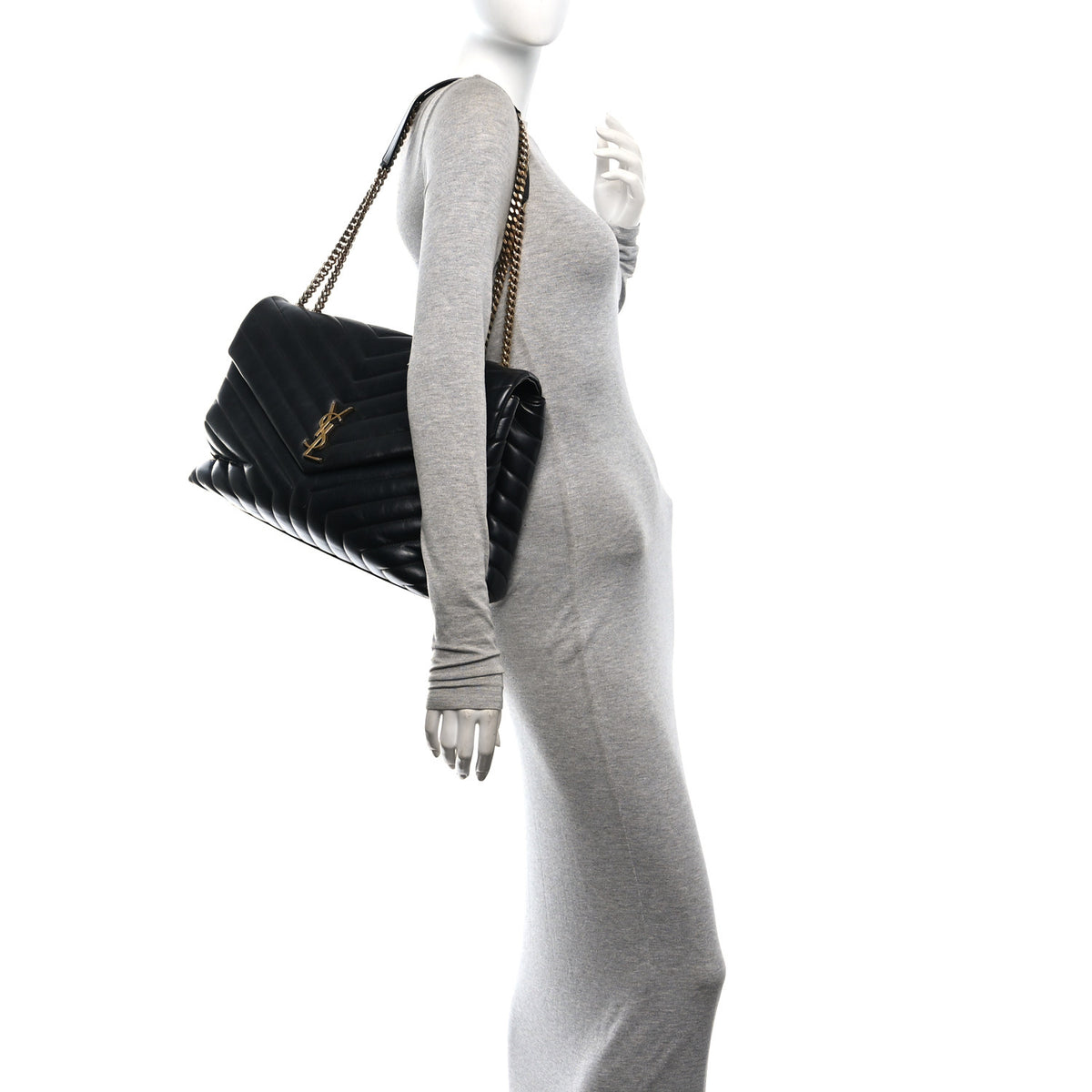 Calfskin Y Quilted Monogram Large Loulou Chain Satchel Black