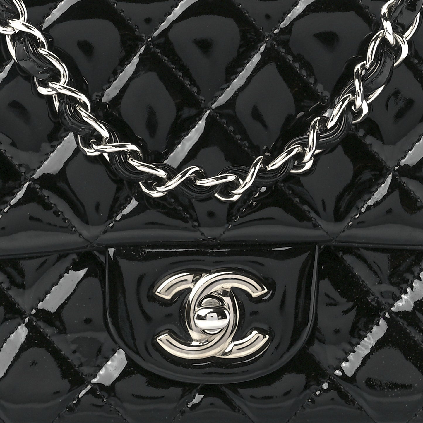 Patent Calfskin Quilted Mini Rectangular Flap Black