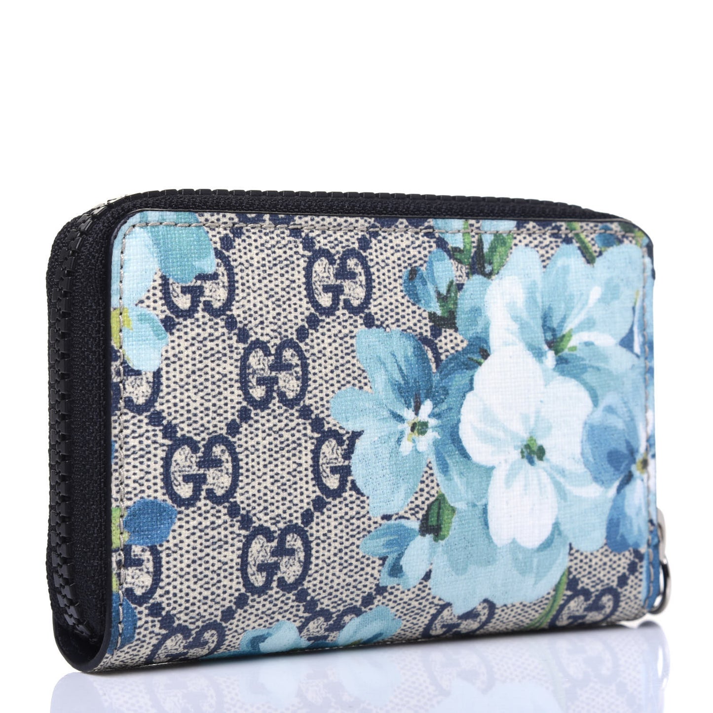 GG Supreme Monogram Blooms Zip Around Card Case Wallet Beige Blue Navy