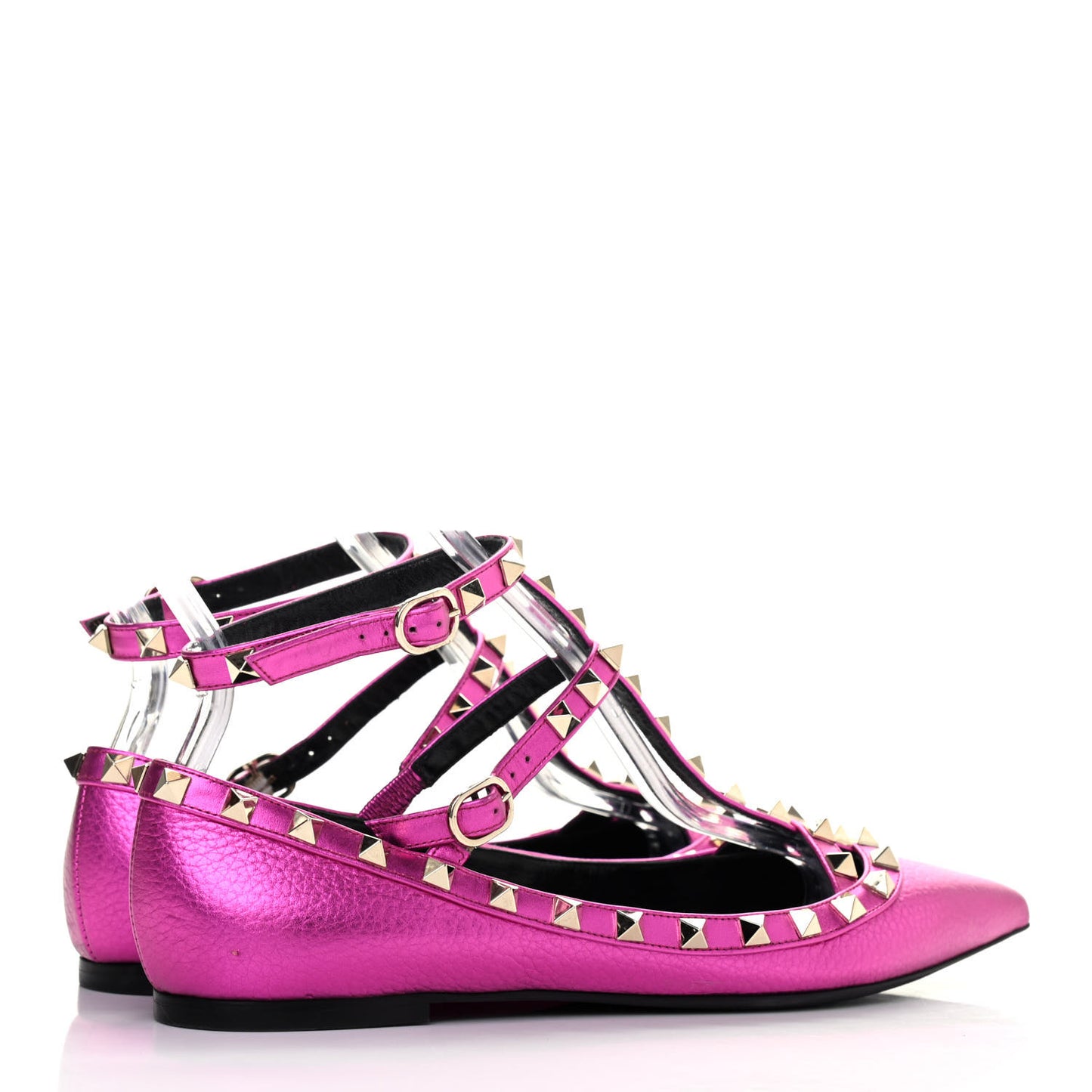 Metallic Pebbled Calfskin Rockstud Cage Ballerina Flats 38 Peony