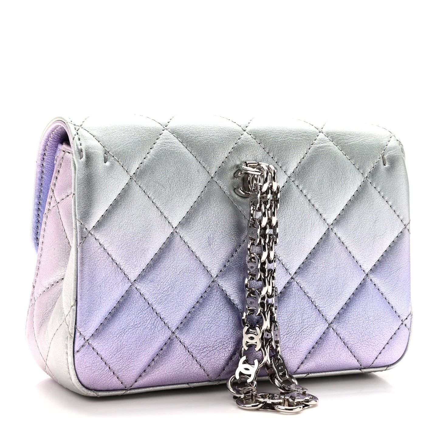Gradient Metallic Calfskin Quilted Clutch Silver Blue Yellow Purple