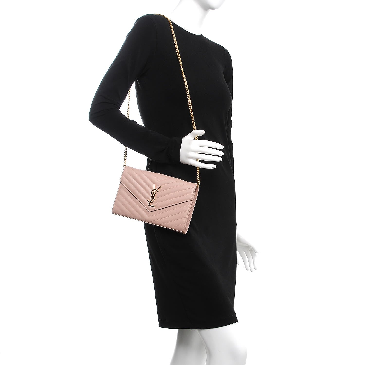 Saint Laurent Grain De Poudre Matelasse Chevron Monogram Chain Wallet Pale Blush 2 of 12