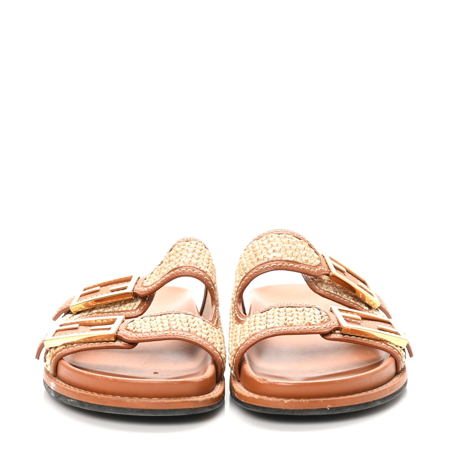 Raffia Vitello Womens Fendi Feel Buckled Slide Sandals 39 Paglia Brandy