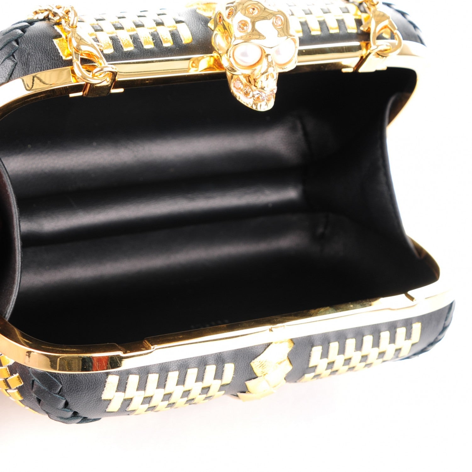 Alexander McQueen Calfskin Woven Pearl Crystal Skull Box Clutch Black Gold 5 of 7