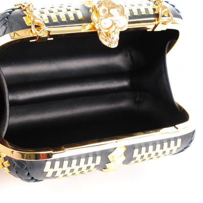 Alexander McQueen Calfskin Woven Pearl Crystal Skull Box Clutch Black Gold 5 of 7