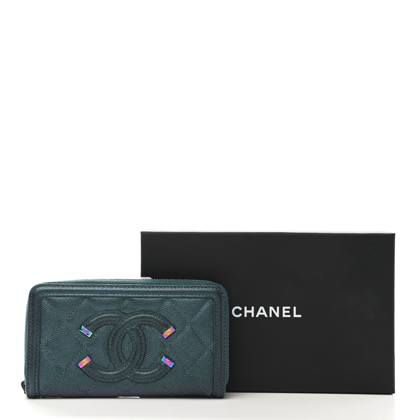 Iridescent Caviar Quilted Medium Filigree Zip Around Wallet Dark Turquoise