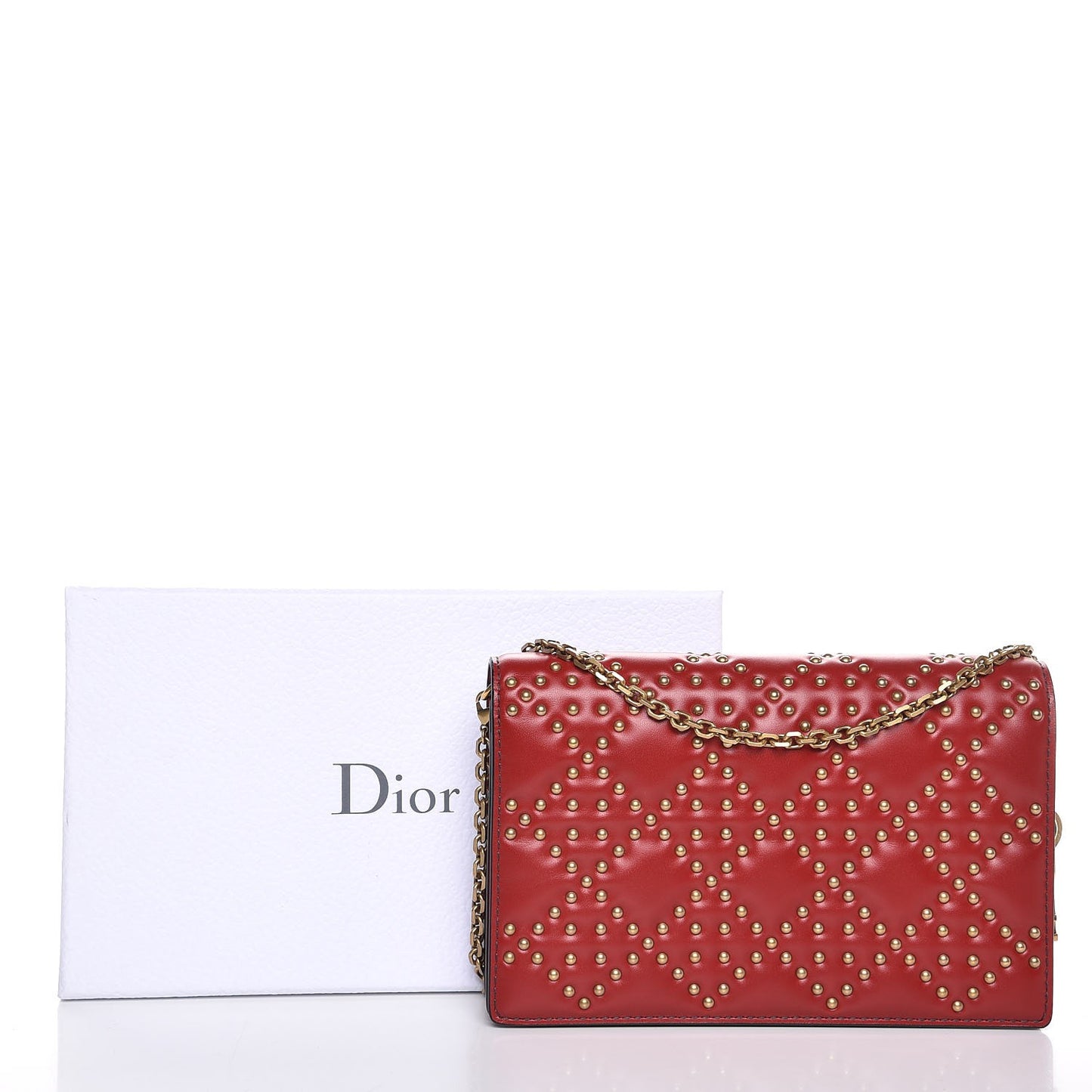 Calfskin Cannage Studded Lady Dior Wallet on Chain Deep Red