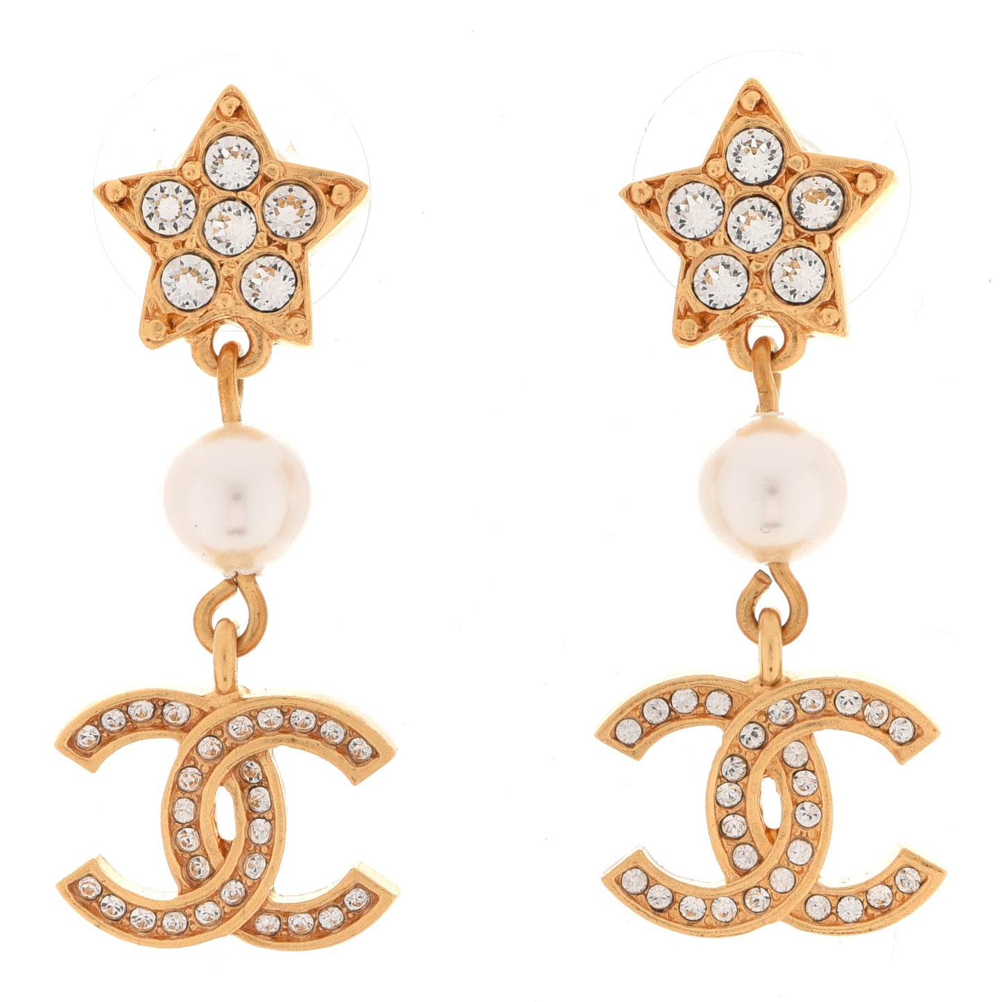 Crystal Pearl CC Star Drop Earrings Gold