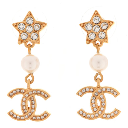 Chanel Crystal Pearl CC Star Drop Earrings Gold 1 of 5