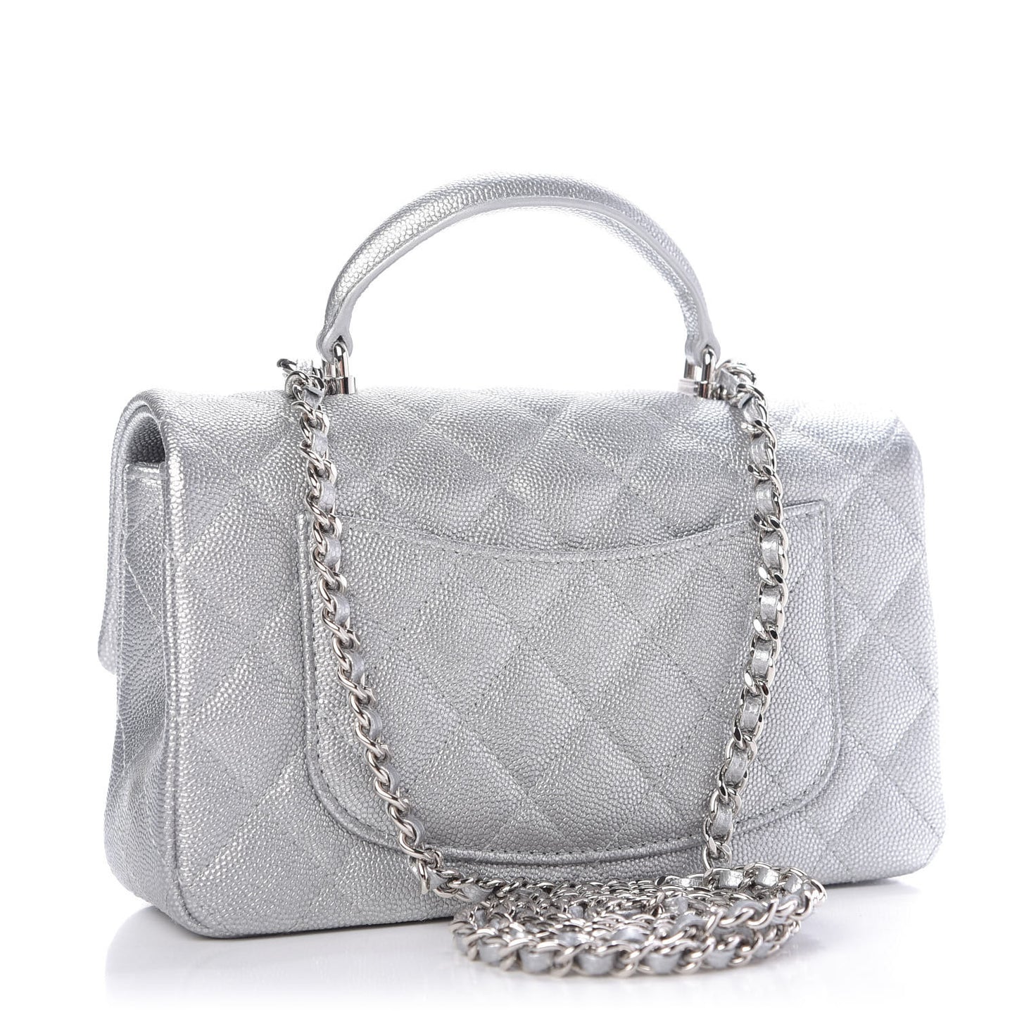 Metallic Caviar Quilted Mini Top Handle Rectangular Flap Silver