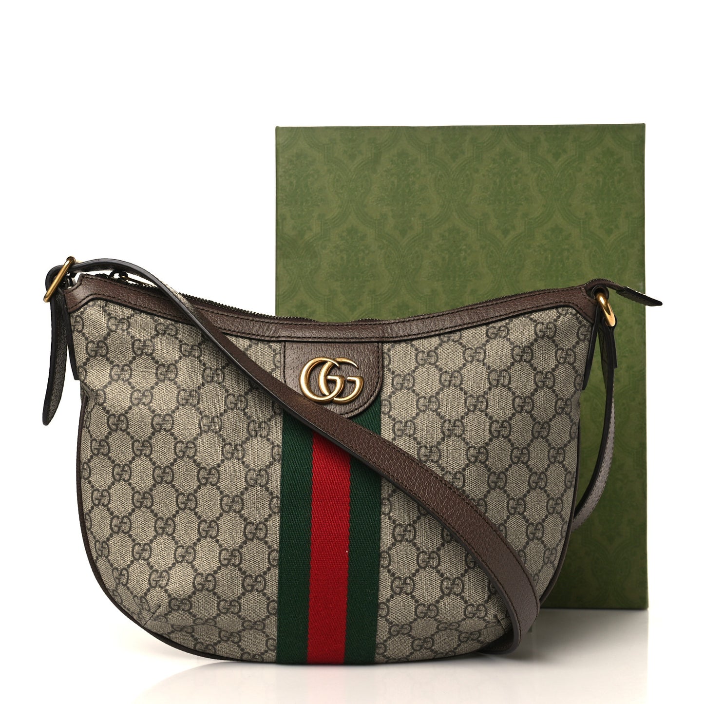 GG Supreme Monogram Web Small Ophidia Half Moon Hobo Brown